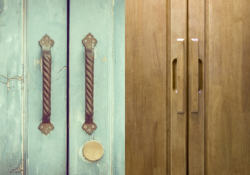 A before-and-after photo of a sanded cabinet door.