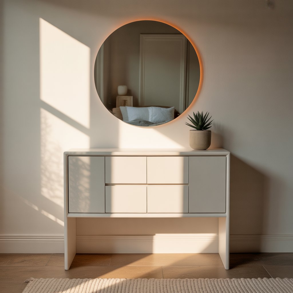 A minimal white vanity with a large round coastal mirror reflecting sunlight from a nearby window.