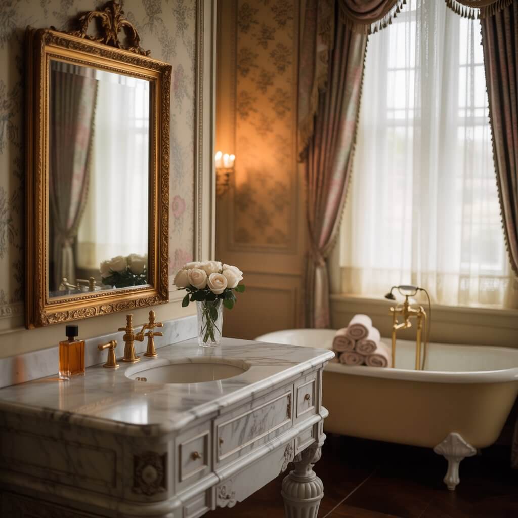 A Victorian-style bathroom with an ornate gold-framed mirror above a marble vanity.