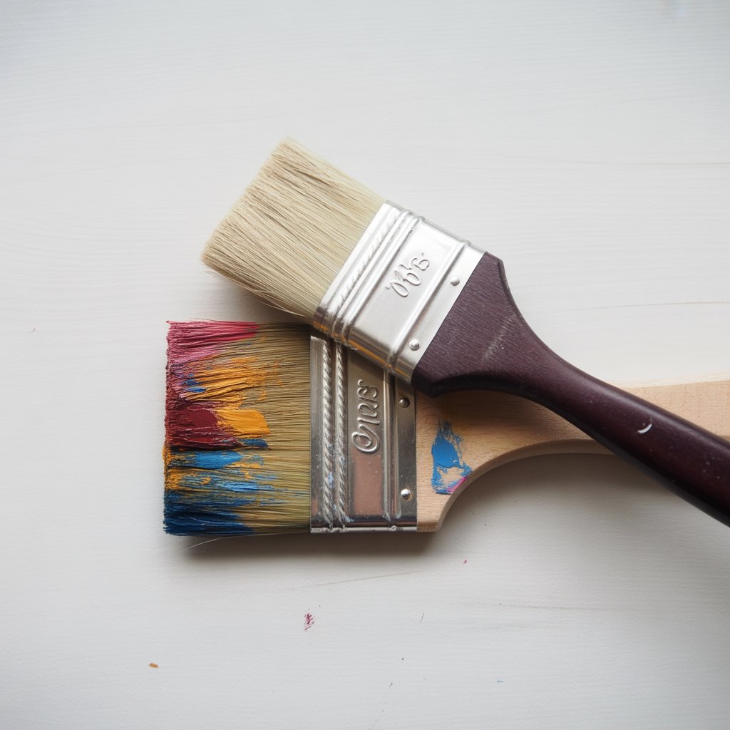 A flat-lay photo showing clean and dirty paint brushes side by side.