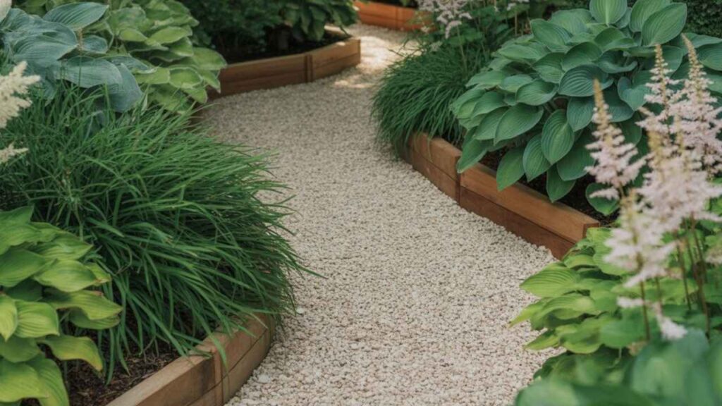 A narrow gravel path bordered by wooden edging and green plants on both sides.