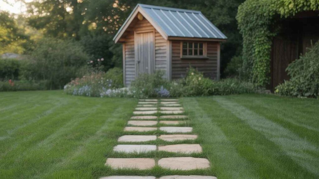 Square stone slabs placed evenly across a green lawn leading to a garden shed.
