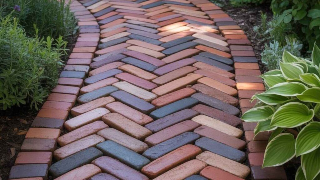 Red brick pathway arranged in a herringbone pattern through a backyard garden.