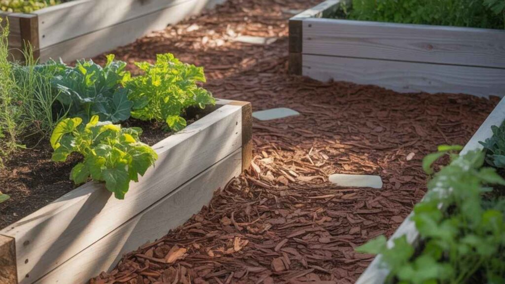 Brown mulch pathway winding through raised garden beds.