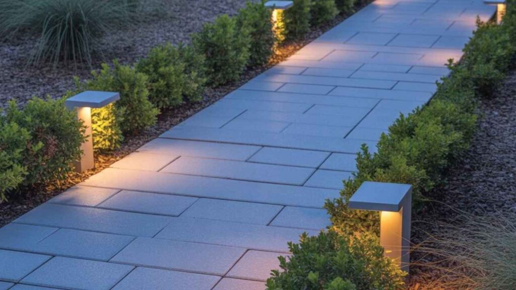 Grey concrete paver walkway lined with small shrubs and solar lights.