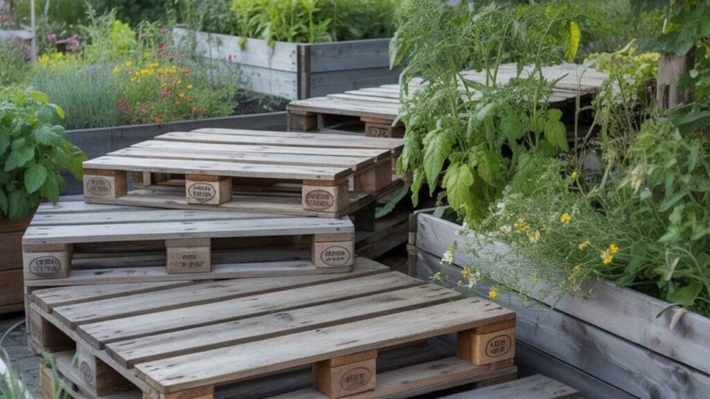 Wooden plank path made from pallets leading through a backyard garden.